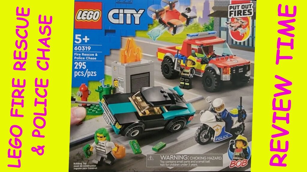 Review of the LEGO City Fire Rescue & Police Chase. Drone, cat, fire and police vehicles!